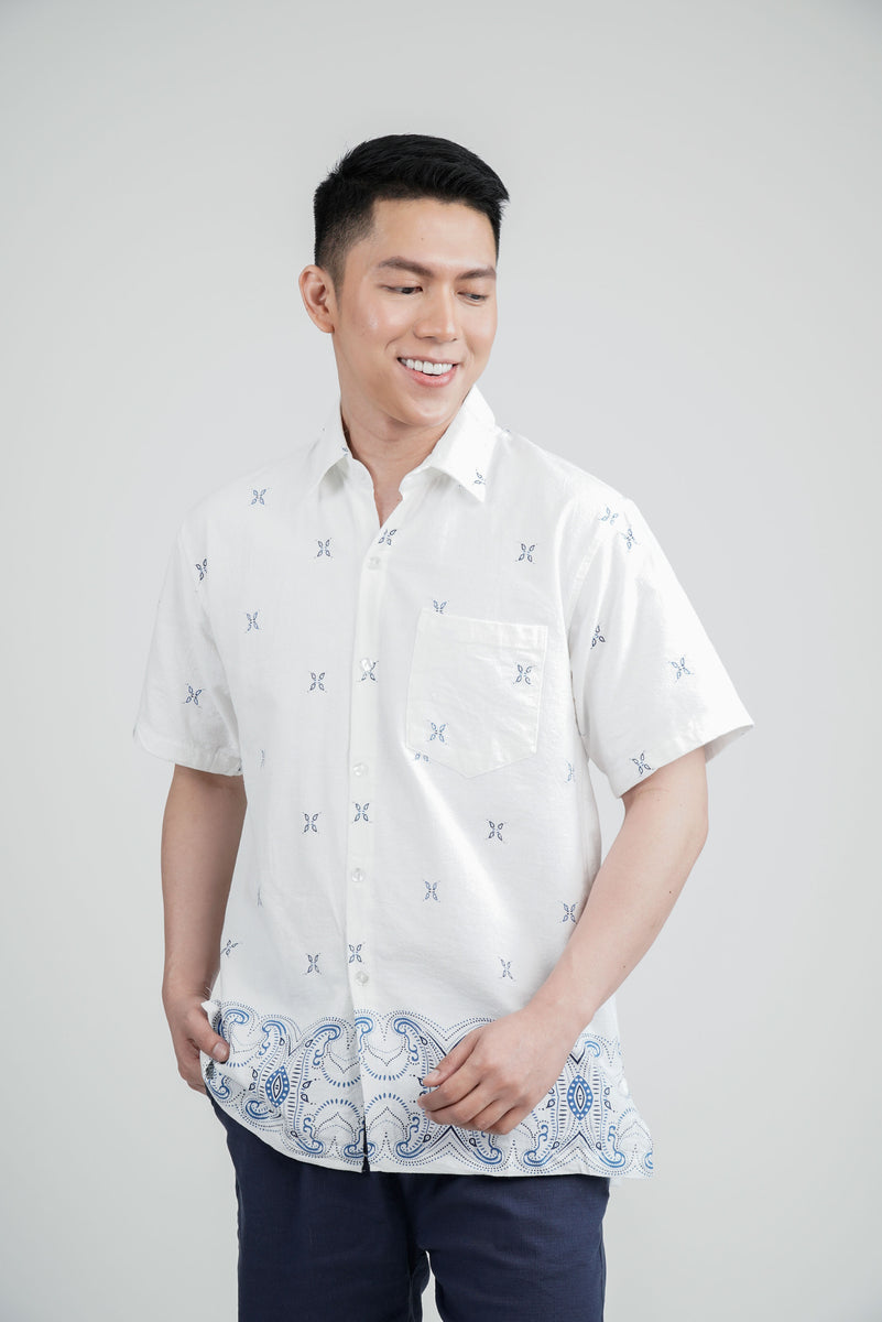 Men's Collared Shirt with Paisley Print in White – Kultura Filipino ...