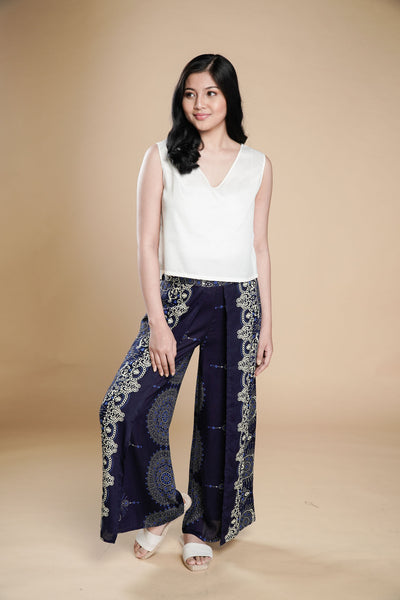 Tropiko Women's Overlap Pants with Paisley Print in Blue - Kultura Filipino